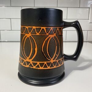 VTG 1970s Ceramic Beer Mug Retro Orange Interior & Dark Glaze Pattern